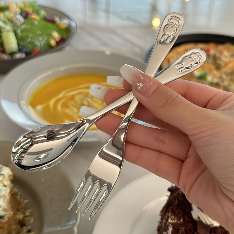 Baby Food In Japan - ช้อนส้อมสแตนเลส 304 ลายการ์ตูนน่ารักสำหรับเด็ก ทานซุป อาหารเสริม ง่ายต่อการใช้งาน
