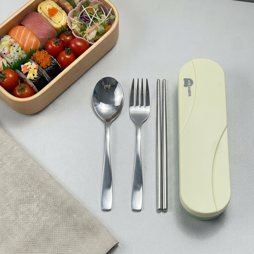 Weaning Spoon Set - ชุดช้อนส้อมพกพา สแตนเลส พร้อมตะเกียบ สำหรับเดินทาง แคมป์ปิ้ง กล่องใส่อุปกรณ์รับประทานอาหารสำหรับเด็กนักเรียน
