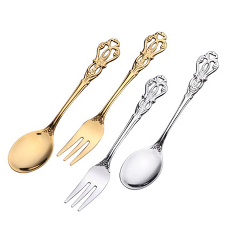 Weaning Spoon Set - ชุดช้อนส้อมทองเหลืองวินเทจ 1 คู่ ชุดช้อนส้อมสแตนเลสหรูหรา ช้อนขนมหวานลายฉลุ งานฝีมือ