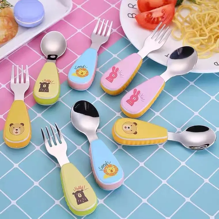 Baby Food In Japan - 1 ชุดสแตนเลสสตีลการ์ตูนเด็กช้อนส้อมน่ารักการเรียนรู้กินอาหารเสริมเด็กแบบพกพาชุด