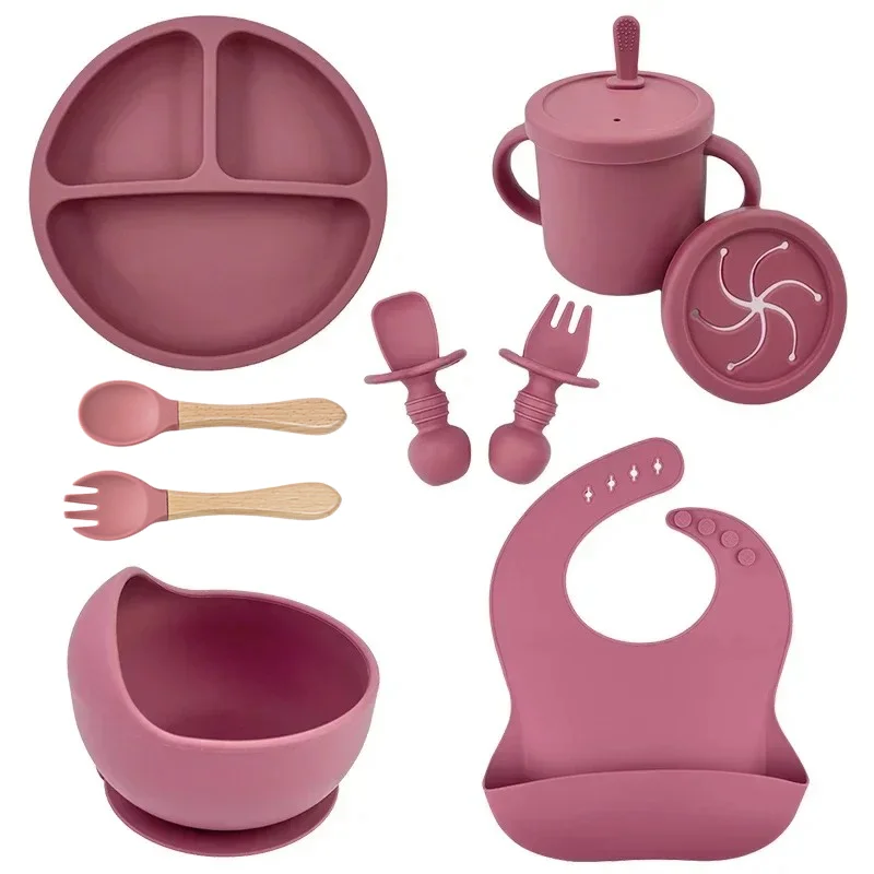 Baby Food Chopper - ซิลิโคนเกรดอาหารเด็กชุดจานชามใส่อาหารเด็กจานดูดถ้วยฟางไม้ช้อนส้อมสําหรับชุดอาหารเด็กเด็กวัยหัดเดินจาน