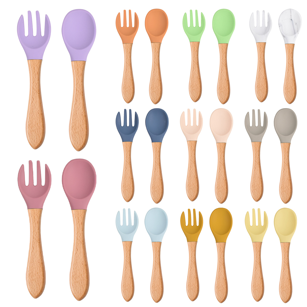 Weaning Spoon Set - 2 ชิ้น/เซ็ตเด็กซิลิโคนช้อนส้อมไม้ Handle Baby Feeding Tableware